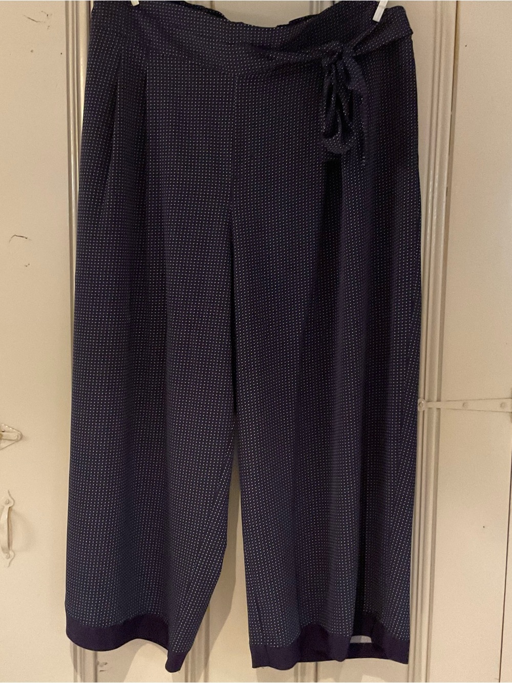 Anne Klein Navy Wide-Leg Polka Dot Pants with Tie Waist